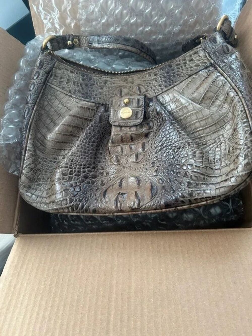 Brahmin Brown Taupe Croc Embossed Leather Hobo Shoulder Bag with COA